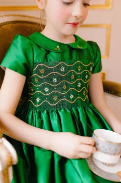 Stella Green Silk Short Sleeve Smocked Dress