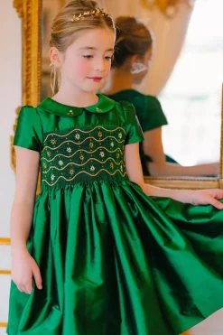 Stella Green Silk Short Sleeve Smocked Dress