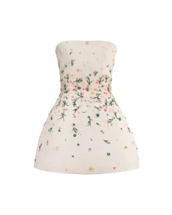 Strapless Ellia Dress in White Organza with Meadow Embellishment