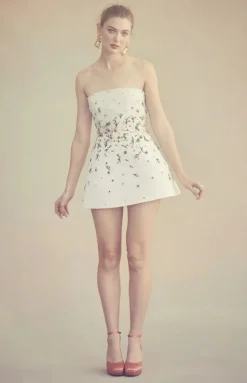 Strapless Ellia Dress in White Organza with Meadow Embellishment