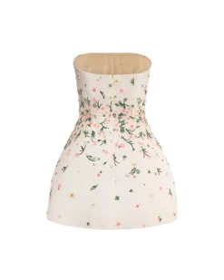 Strapless Ellia Dress in White Organza with Meadow Embellishment