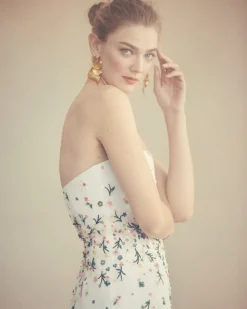 Strapless Ellia Dress in White Organza with Meadow Embellishment