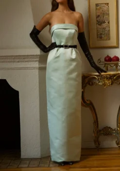 Strapless Slim Waisted Gown in Mint Double Faced Satin