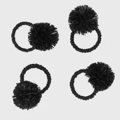 Straw Pompom Napkin Rings in Black, Set of Four