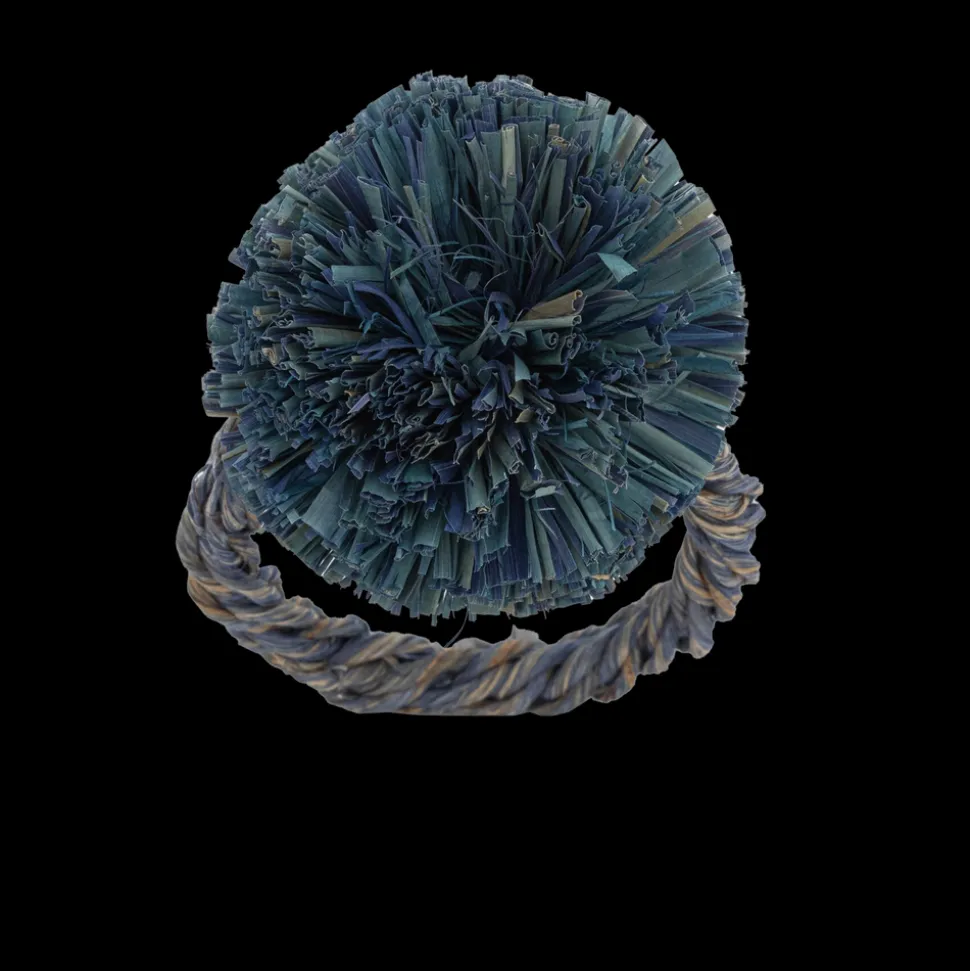 Straw Pompom Napkin Rings in Indigo, Set of Four