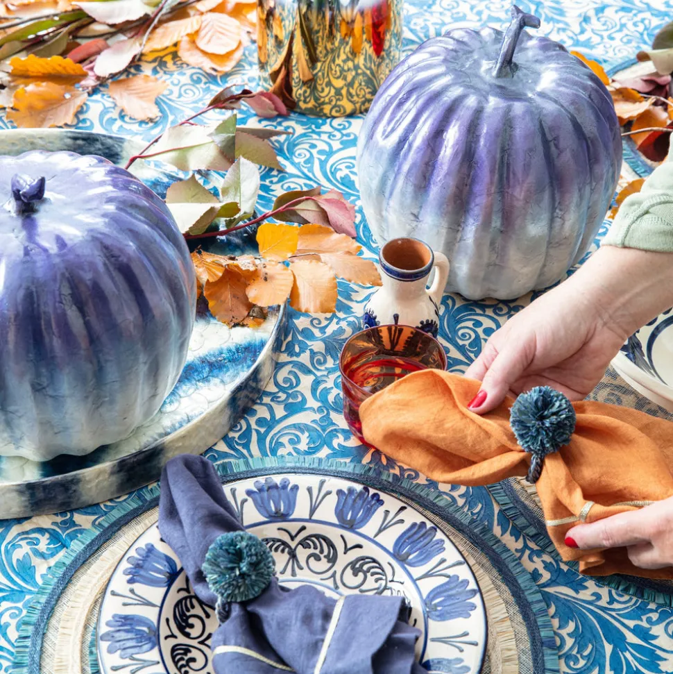 Straw Pompom Napkin Rings in Indigo, Set of Four