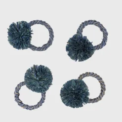 Straw Pompom Napkin Rings in Indigo, Set of Four