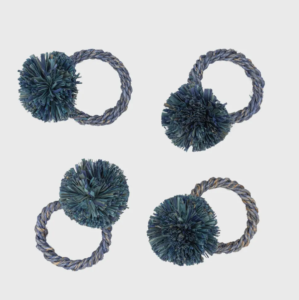 Straw Pompom Napkin Rings in Indigo, Set of Four