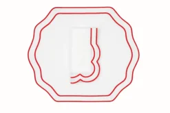 Stucco Linen Napkin and Placemat in White with Red Trim, Set of 2