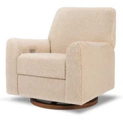 Sunday Power Recliner and Swivel Glider in Chai Shearling with Dark Wood Base
