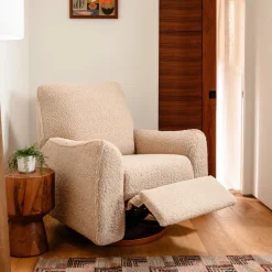 Sunday Power Recliner and Swivel Glider in Chai Shearling with Dark Wood Base