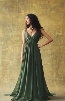 Sunny Gown in Pine Georgette with Scallop Floral Embellishment