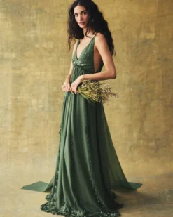 Sunny Gown in Pine Georgette with Scallop Floral Embellishment