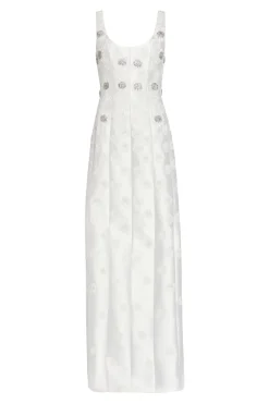 Sylvie White Silk Paneled Column Gown With Daisy Beading