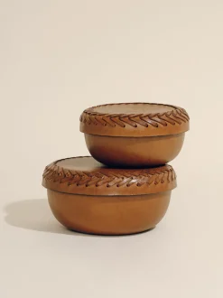 The Box in Cognac Leather Lace Trim, Set of 2