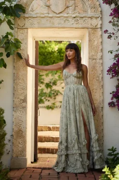 The Carmen Dress in Sage Tapestry