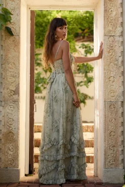 The Carmen Dress in Sage Tapestry