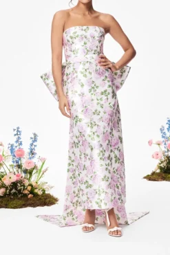 The Gabrielle Gown with Detachable Bow in Pink & Green