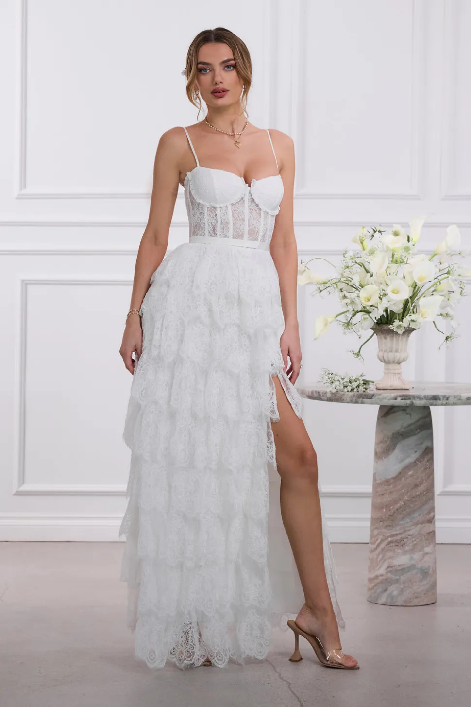 The Juniper Dress in White Chantilly Lace