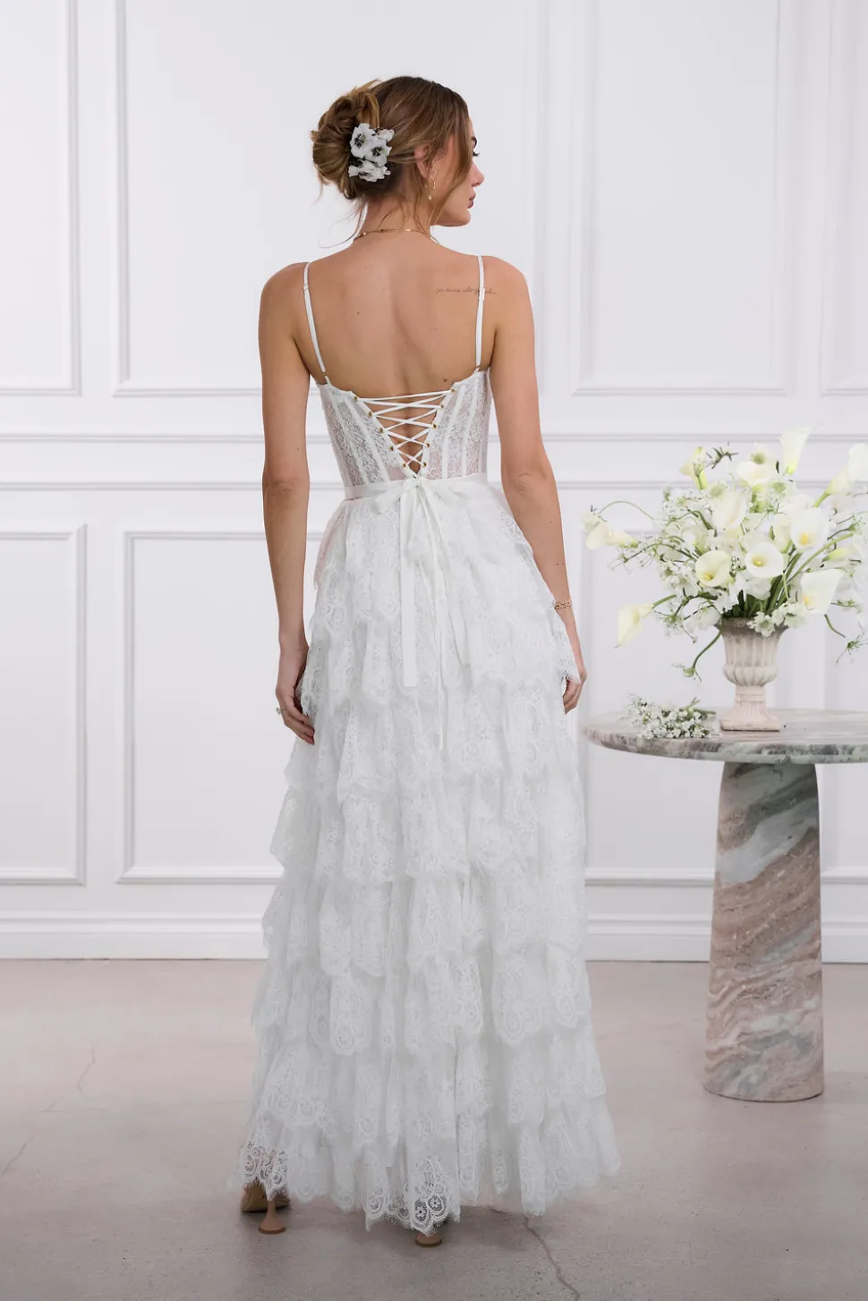 The Juniper Dress in White Chantilly Lace