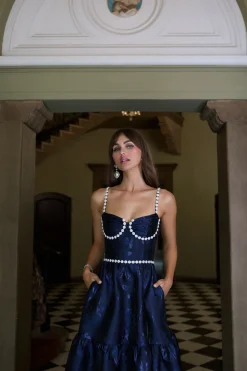 The Lucetta Dress with Beads in Navy Baroque Floral