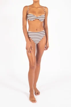 The Midi High-Cut Bikini Bottom In Espresso Even Stripes