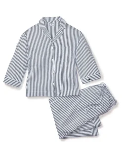 The Olivia Wide Leg Pima Pajama Set in Navy French Ticking