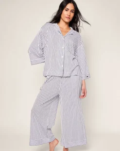 The Olivia Wide Leg Pima Pajama Set in Navy French Ticking