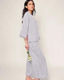The Olivia Wide Leg Pima Pajama Set in Navy French Ticking