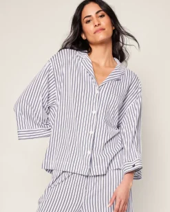 The Olivia Wide Leg Pima Pajama Set in Navy French Ticking