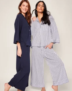 The Olivia Wide Leg Pima Pajama Set in Navy French Ticking