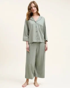 The Olivia Wide Leg Pima Pajama Set in Sage