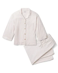 The Olivia Wide Leg Pima Pajama Set in Camel Ticking