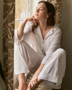 The Olivia Wide Leg Pima Pajama Set in Camel Ticking