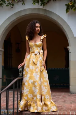 The Veronica Dress in Gold Baroque Floral