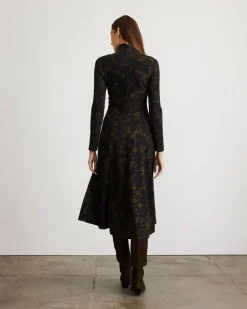 Thea Dress in Black & Forset Green Multi