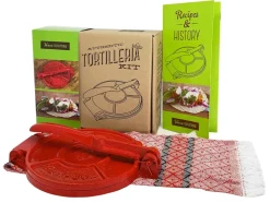 Tortilla Press Kit in Red Cast Iron with Servilleta