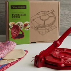 Tortilla Press Kit in Red Cast Iron with Servilleta