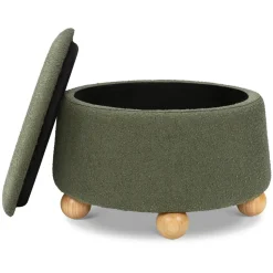 Tuffet Storage Ottoman in Performance Olive Boucle with Honey Ball Feet