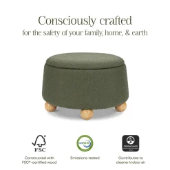 Tuffet Storage Ottoman in Performance Olive Boucle with Honey Ball Feet