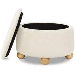 Tuffet Storage Ottoman in Performance Ivory Boucle with Honey Ball Feet