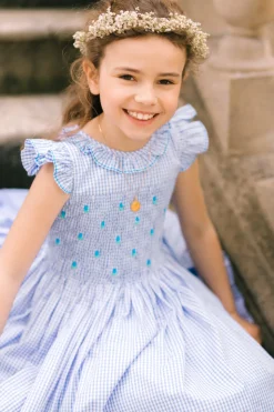 Tulip Blue Gingham Frilled Cap Sleeve Smocked Dress