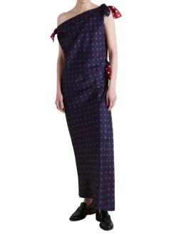 Twill Polka Dot Tabard Tie Dress in Navy & Maroon