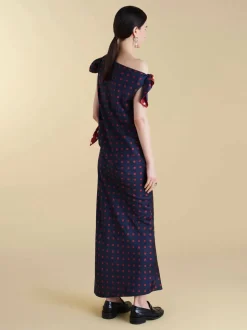 Twill Polka Dot Tabard Tie Dress in Navy & Maroon