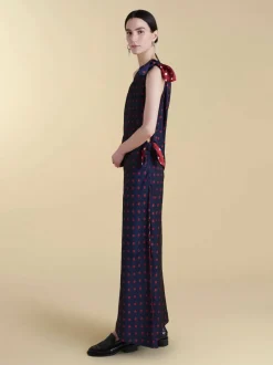 Twill Polka Dot Tabard Tie Dress in Navy & Maroon