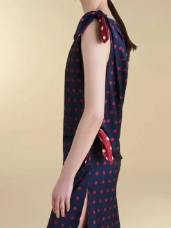 Twill Polka Dot Tabard Tie Dress in Navy & Maroon