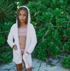 Unisex White French Terry Hooded Zipper Coverup With Island Blossom Trim