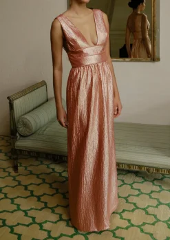 V Neck Gown in Italian Coral Lame