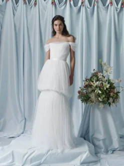 Valeria Off-The-Shoulder Ruched Tulle Gown