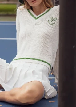 Varsity Tennis Club V-Neck Sweater in Ivory